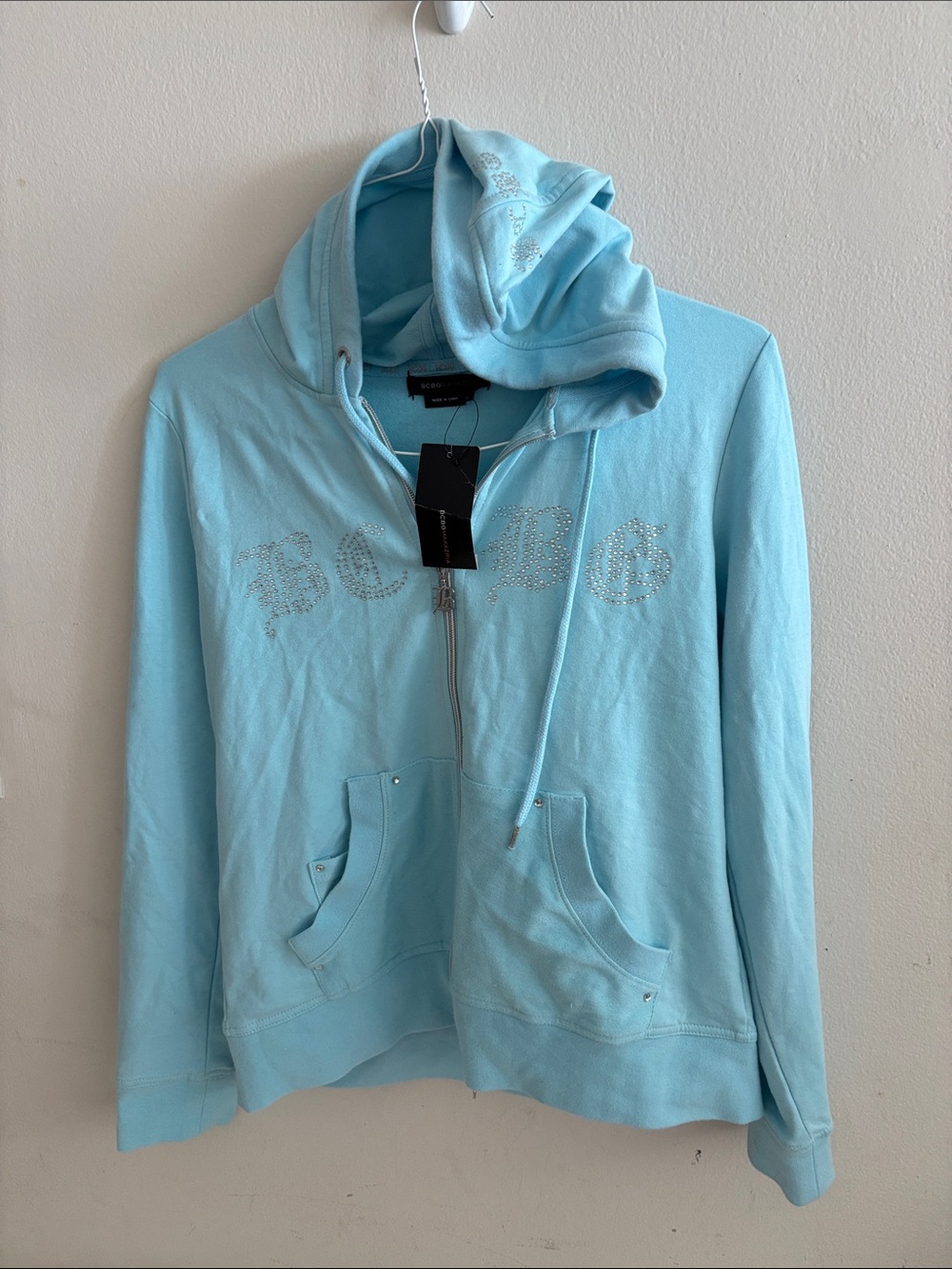 BCBG Coastal Blue Rhinestone Logo Zip Hoodie